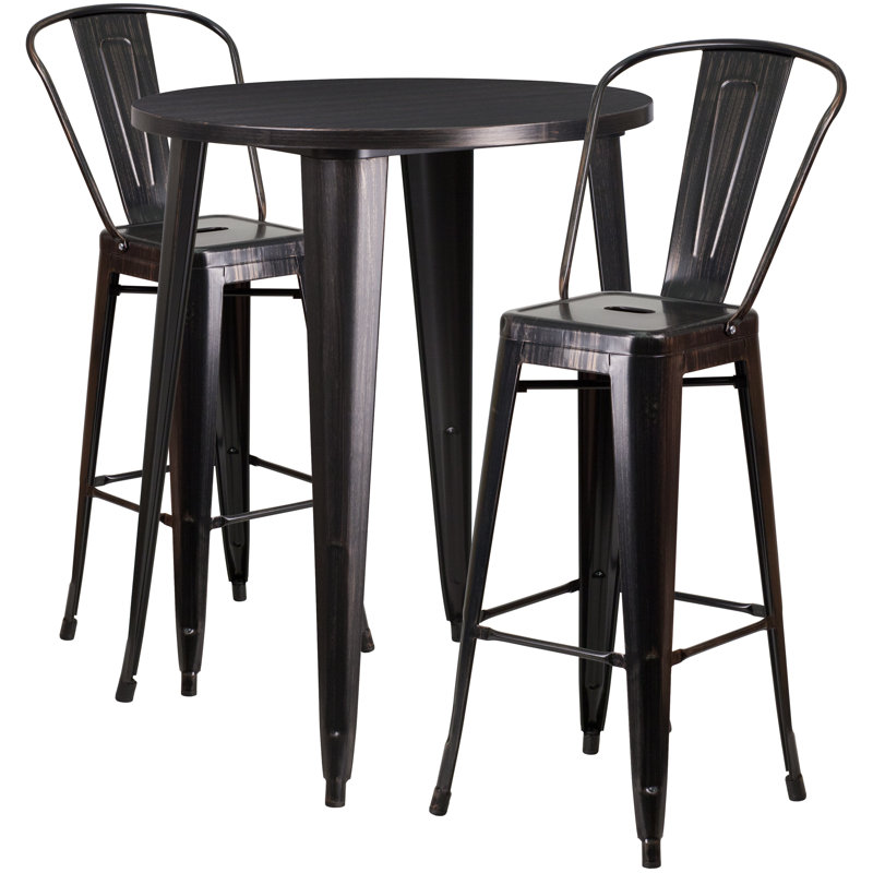 Genece Metal 3-Piece Indoor and Outdoor Bar Set, Black/Antique Gold, 41" H x 30" W x 30" L