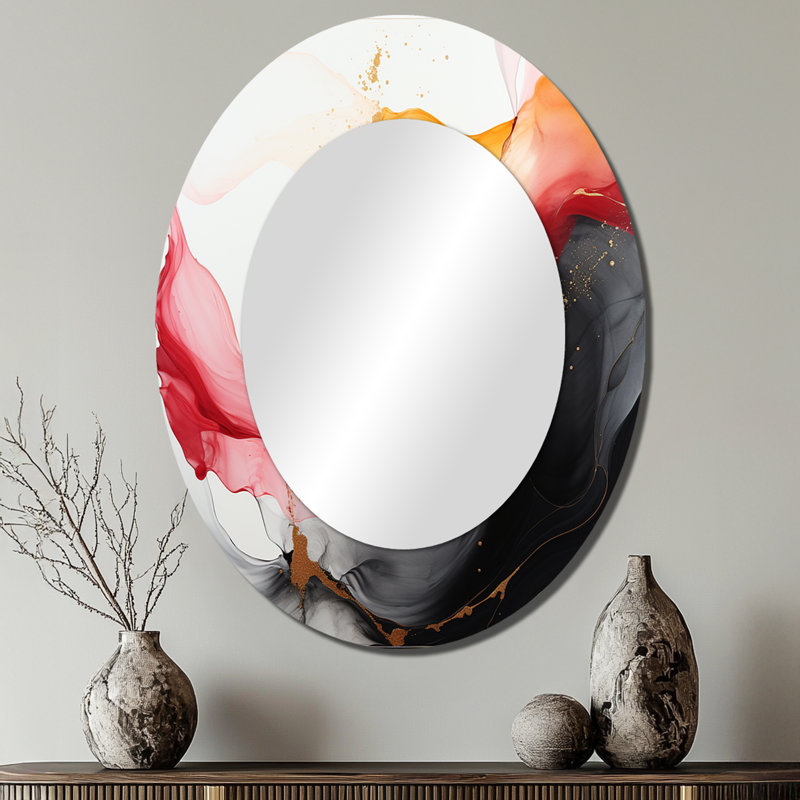 Wild Promises Abstract Gold Wave Pink And Black I - Modern Oval Wall Mirror, 40" x 30"