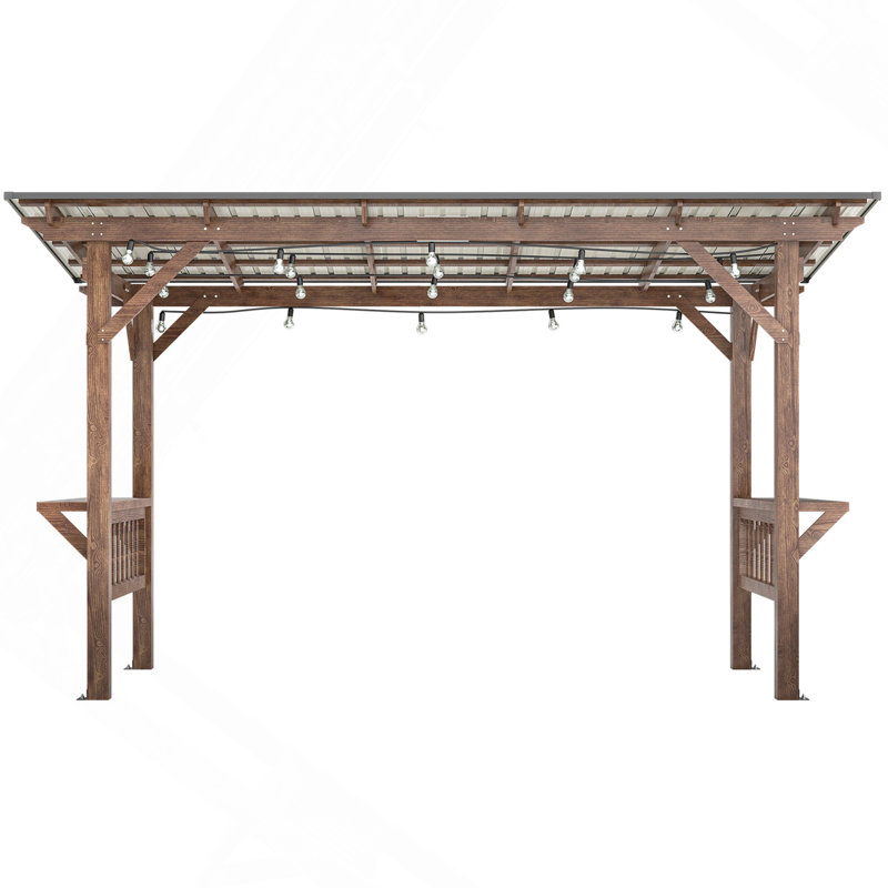 Pavillon de jardin en forme de pergola 13 'X 6' 5 'avec toit en métal et ampoules et comptoirs de bar