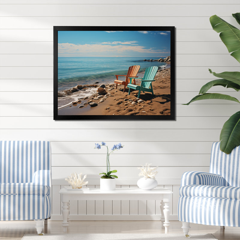 " Teal And Orange Beach Chairs ", 24" H x 32" W x 1" D, Black Picture Framed