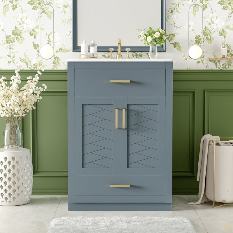 Meuble-lavabo 24 po avec lavabo en céramique intégré, armoire de salle de bain avec 2 portes, 1 tiroir basculant et meuble-lavabo simple