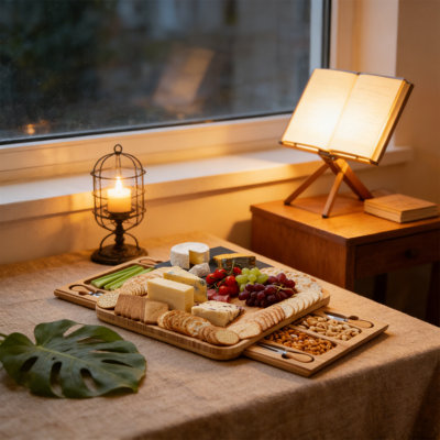 Natural Bamboo Cheese Board Set With Slate Plate & Knife Set