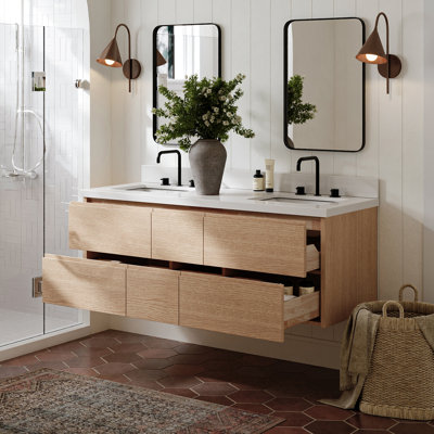 Ariel Setsuko 61 Inch Wall-Mounted Double Rectangle Sink Bathroom Vanity with Pure White Quartz Countertop 1.5 Inch in Natural Oak