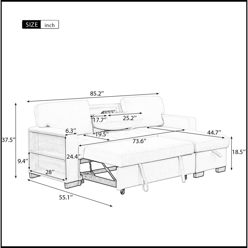 Stylish And Functional Light Chaise Lounge Sectional With Storage Rack Pull-Out Bed Drop Down Table  And USB Charger