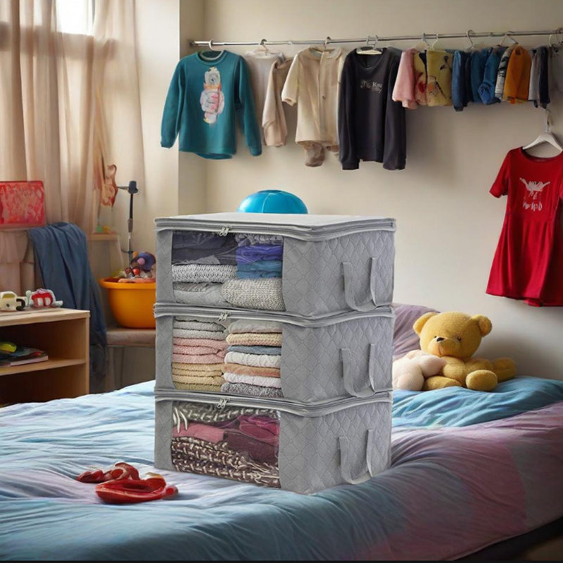 3 pièces Boîte de rangement pliante non tissée Sac de rangement pour courtepointe Boîte de rangement pour vêtements, Gris