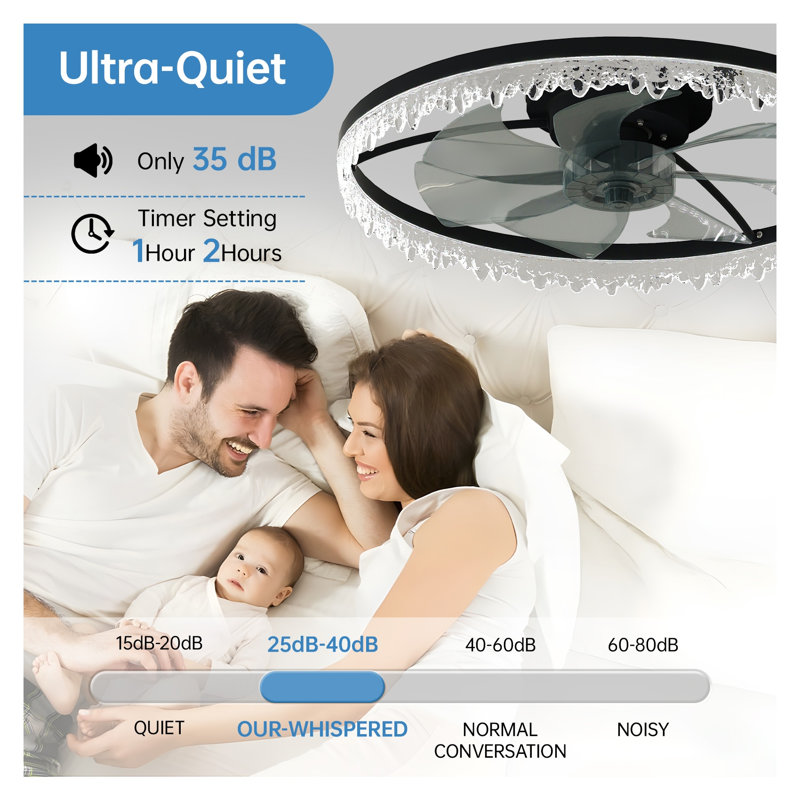 Ventilateur de plafond de luxe en cristal 24 "avec lumières - Ventilateur de lustre encastré moderne à DEL avec télécommande, à intensité variable et minuterie pour le salon de la chambre à coucher