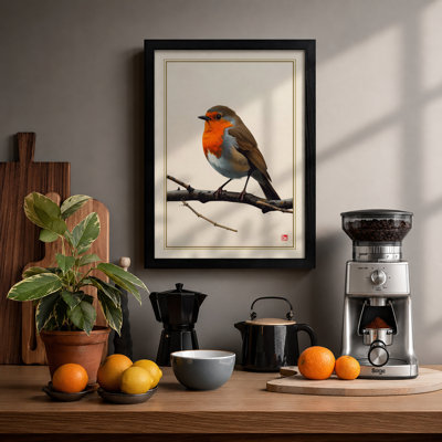 Robin on Branch Japandi - Framed Print