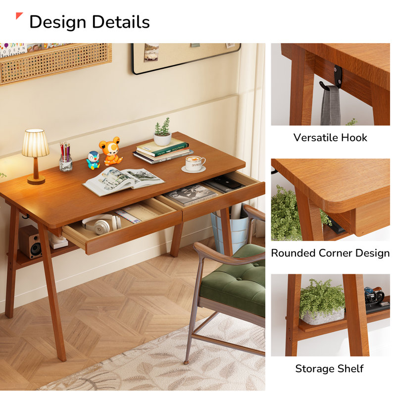 100% Solid Wood Writing Desk - Mid Century Modern Desk, Home Office Desks With 2 Drawers And Storage Shelf, Small Computer Desks, Study Makeup Workstation For Bedroom/living Room,