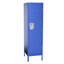 Armoire-penderie métallique de 140 cm de haut, en acier bleu, avec porte ventilée, serrure et crochets latéraux.