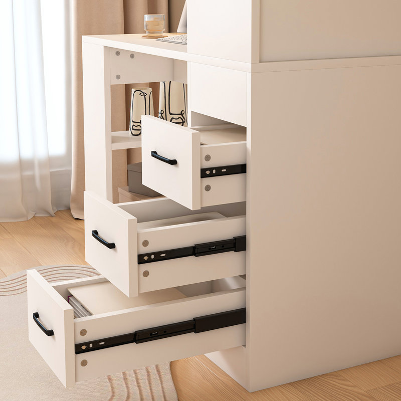 Bureau d'ordinateur en bois avec prise 4-en-1, 3 tiroirs coulissants et 4 niveaux de rangement