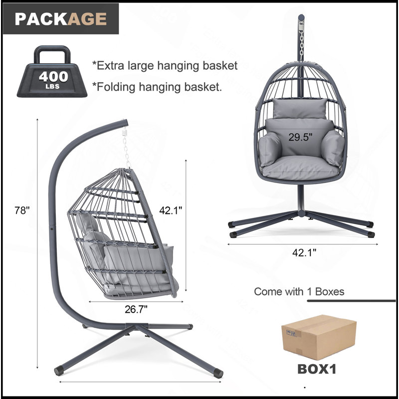 Chaise suspendue polyvalente pliable avec coussin résistant aux rayons UV pour une utilisation intérieure et extérieure, Gris