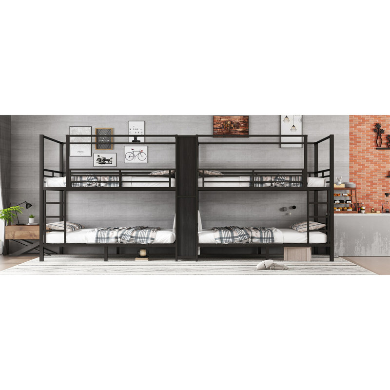 Full Size Quadruple Metal Bunk Bed With Built-In Storage Shelves & Wardrobe, Sturdy Frame And Noise-Reduced Design For Maximum Comfort And Space Efficiency