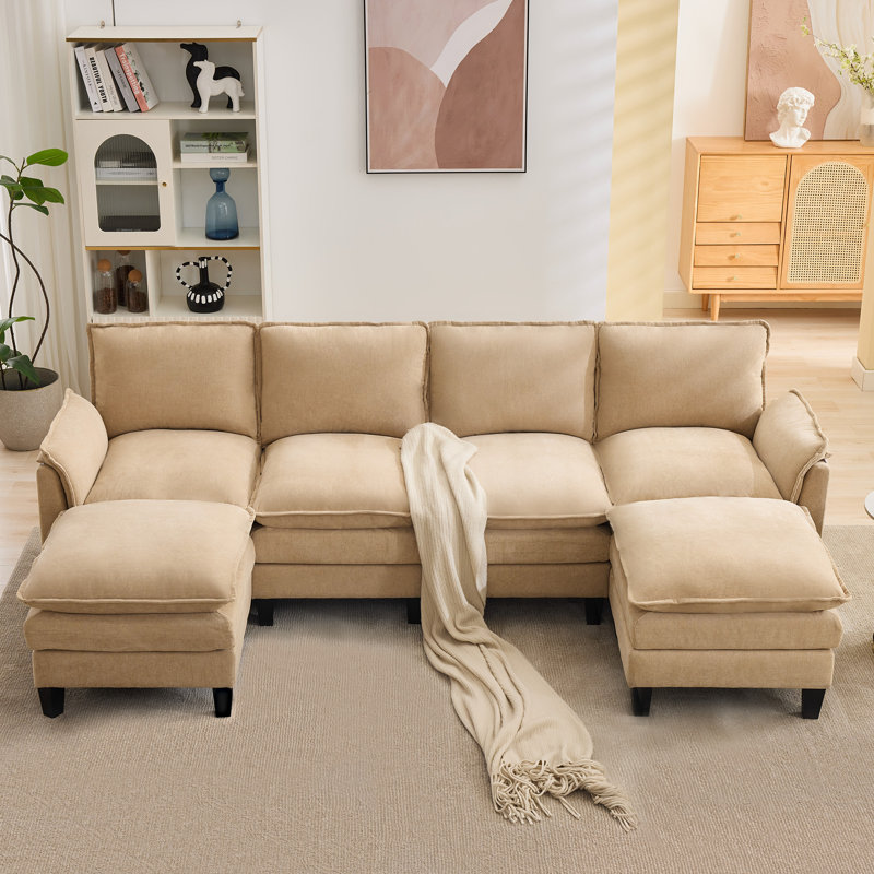 6-Piece 101'' Upholstered U-Shape Sectional, Yellow Chenille