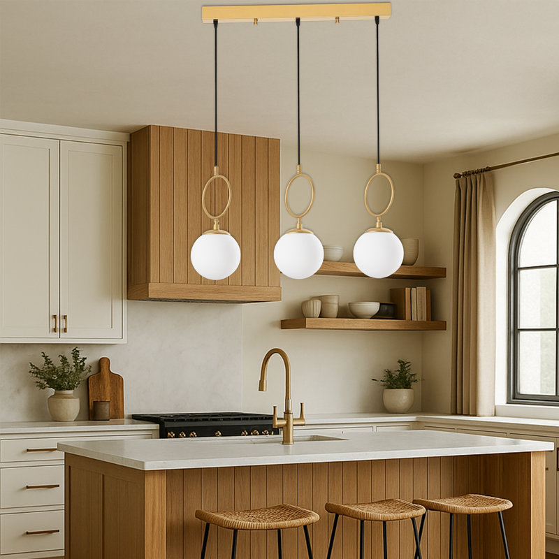 Luminaire suspendu en métal pour îlot de cuisine 3 lumières à hauteur ajustable 3 lumières, Gold