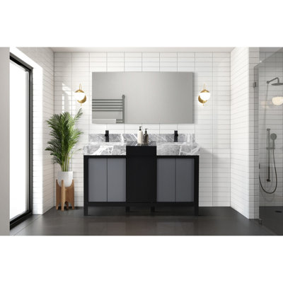 Black And Grey Double Bath Vanity 55 In. W, 22 D, Solid Wood, Marble Top, Two Cabinets For Storage Wide, Grey, Wood Frame, Marble, Soft - Closing Drawer Design