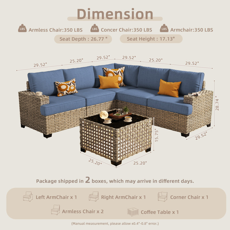 Ensemble modulaire d'extérieur en osier toutes saisons pour 5 personnes avec coussins et table basse à DEL, Bleu denim