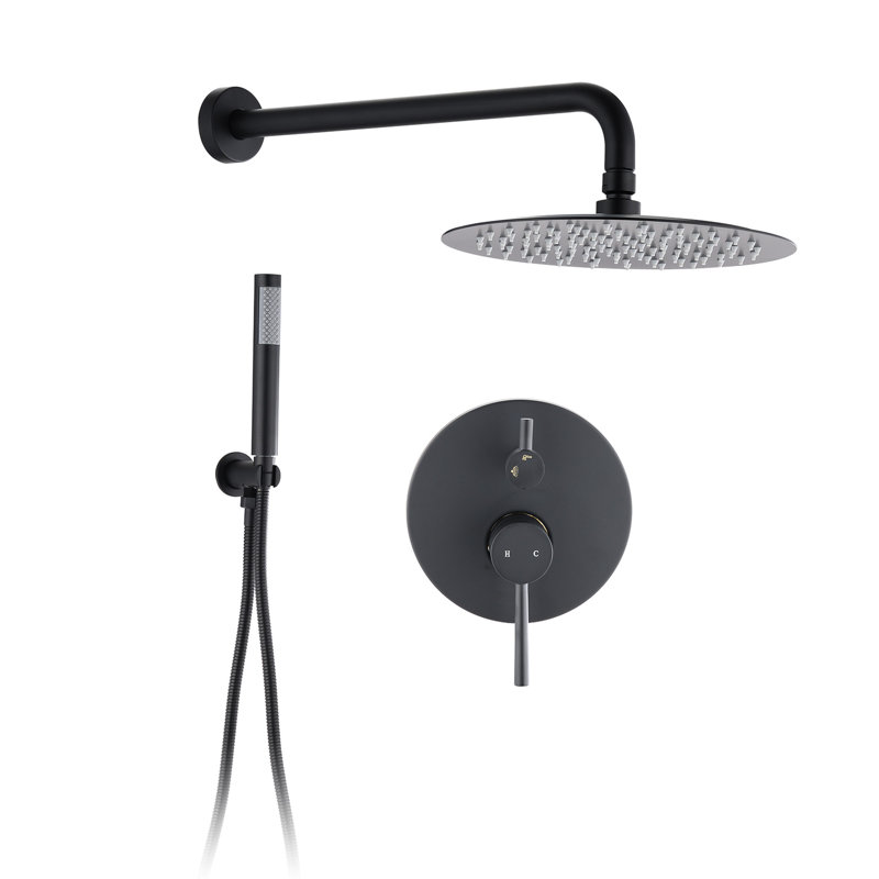 Matt Black Wall Mounted Shower With 10" Rain & Handheld Heads. Balance Valve, Skid Handle. 360 Rotatable. . 1.8 Gpm Flow. Swivel Spout. Compatible American Pipe