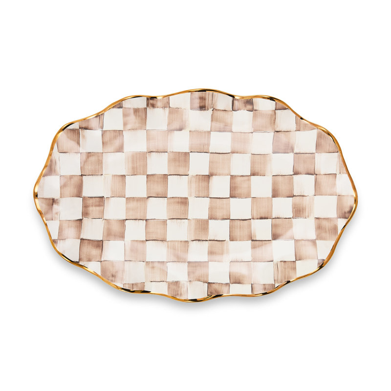 Mocha Check Ceramic Serving Platter, 2" H x 22" W x 16" D