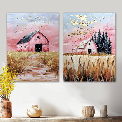 Ensemble de 2 impressions murales roses et dorées Glam Barn - Farmhouse