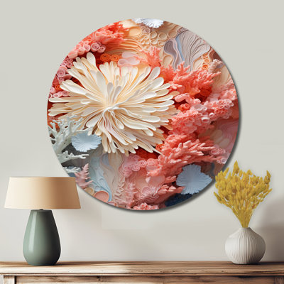 Collage corail rose et blanc IV - animaux, art en métal rond