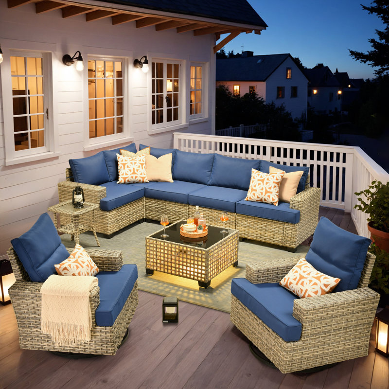 Ensemble de canapé d'extérieur 9 pièces avec table basse, coussin profond et coussin épais, Marine