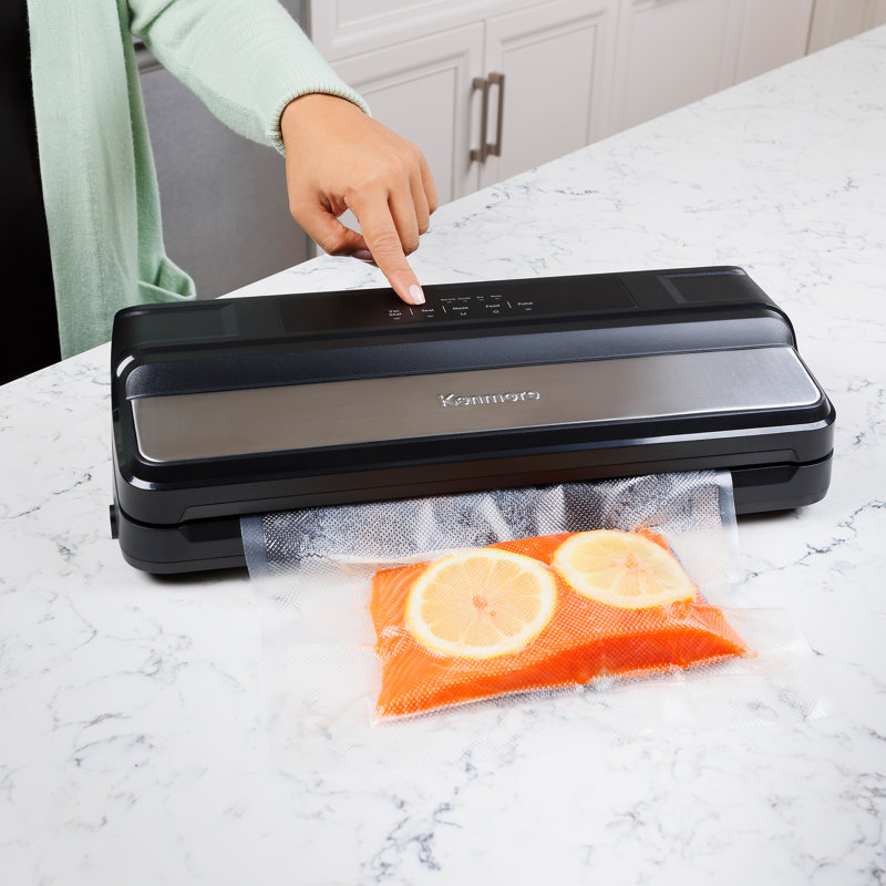 Kenmore Vacuum Sealer Machine, One-Touch Automatic Food Sealer, 7 Preset Modes (Dry/Moist, Normal/Gentle, Pulse, Seal, Canister), Bottle Stopper, 5M Bag Roll & 10 Bags, Black & Stainless Steel