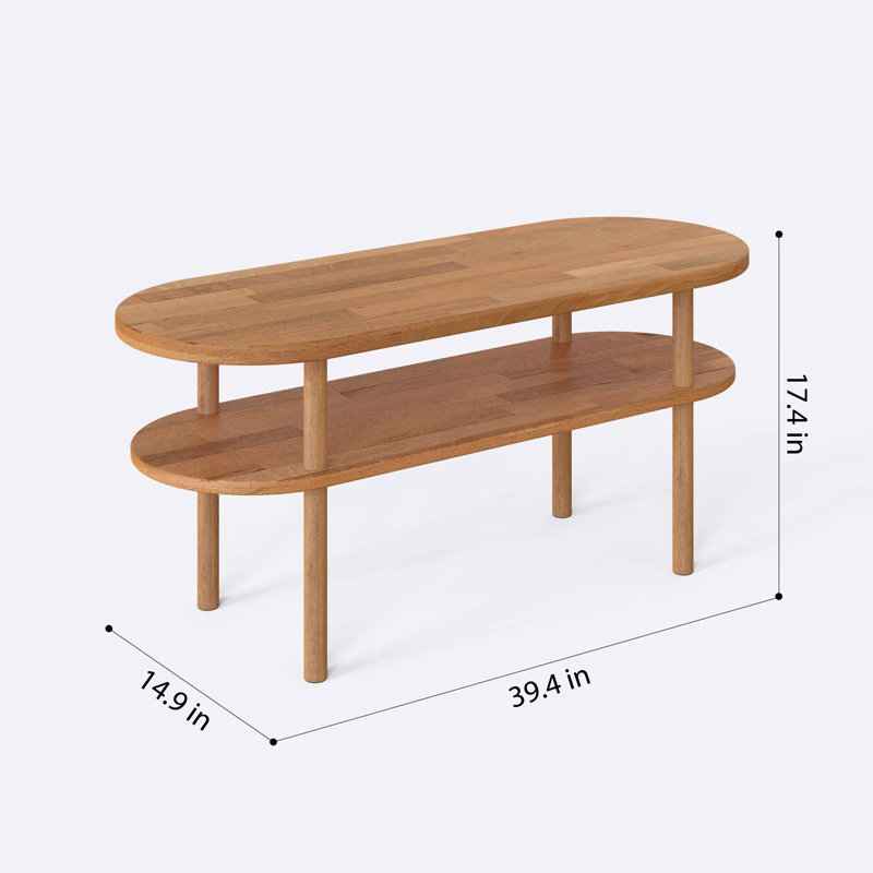 Table basse ovale en bois massif avec tablette - Rangement élégant et peu encombrant, H 17,4 po x L 39,4 po x l 14,9 po