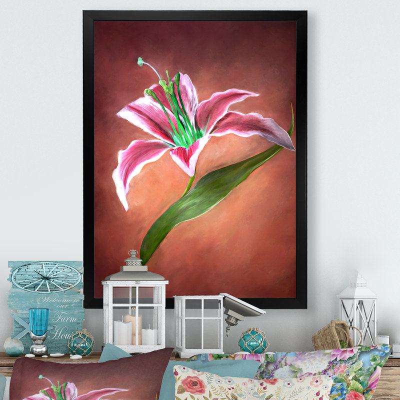 Fleur de lys rouge - peinture sur toile encadrée, Toile avec cadre photo noir, H 20 po x l 12 po x P 1 po
