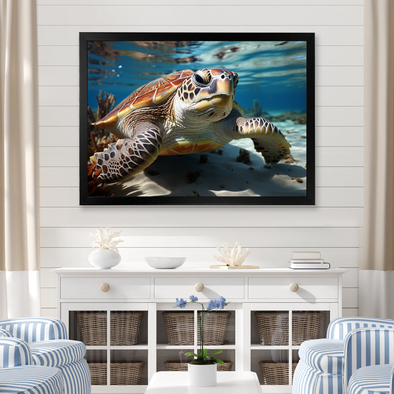 Minimalist Lagoon Turtle sur toile, Cadre simple noir, H 30 po x l 40 po x P 1,5 po