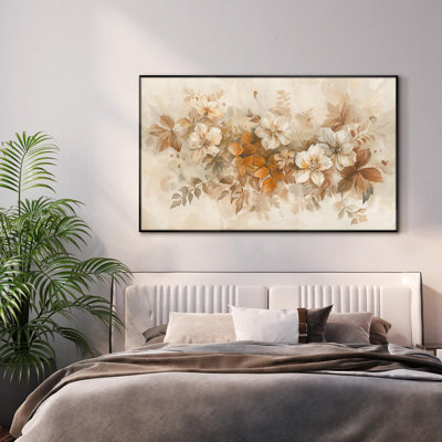 Extra Large Wall Art Fabric Print - Elegant Beige Floral Warm Ambiance Illustrations Artwork Decor for Living Room or Bedroom - "Frame Assembly Required (Unfinished Frame)"