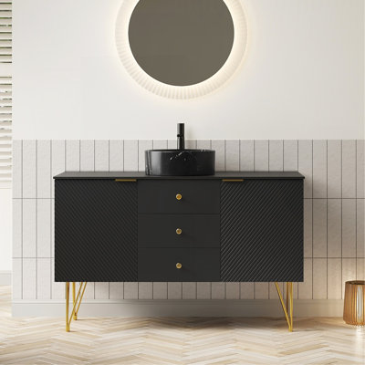 Meuble-lavabo 48 po, meuble-lavabo autoportant en contreplaqué avec pieds dorés, 3 tiroirs et 2 portes, vasque en céramique à motif de pierres noires et plateau en pierre frittée noire, pré-assemblé, noir