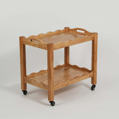 Solid Rubberwood Rolling Side Table with Lockable Wheels and Removable Tray