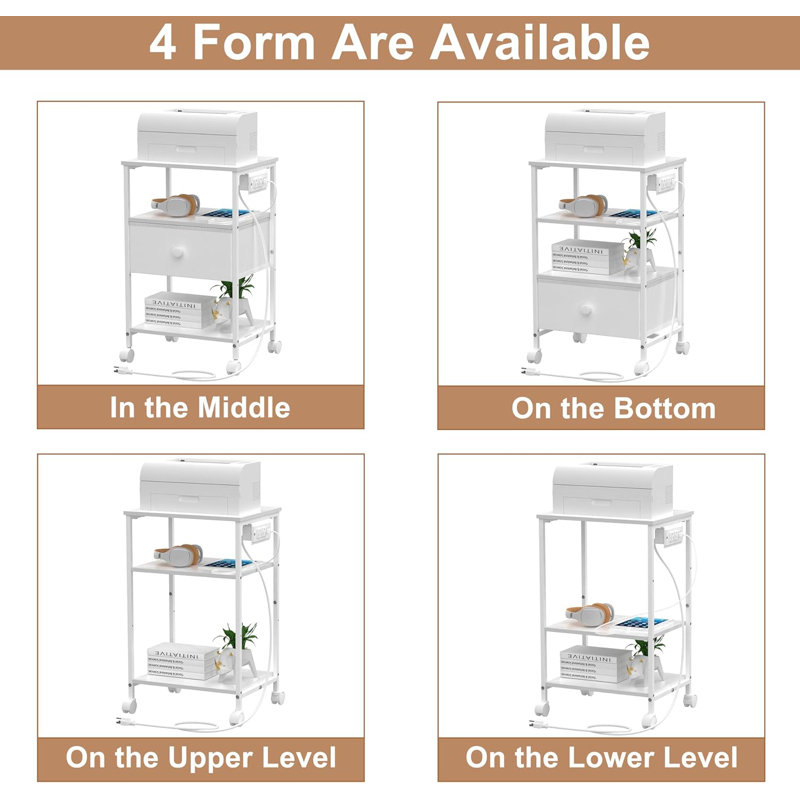 3-Tier Printer Stand With Charging Station, USB Port, Adjustable Open Shelves, And Fabric Drawers For Home Office Organization
