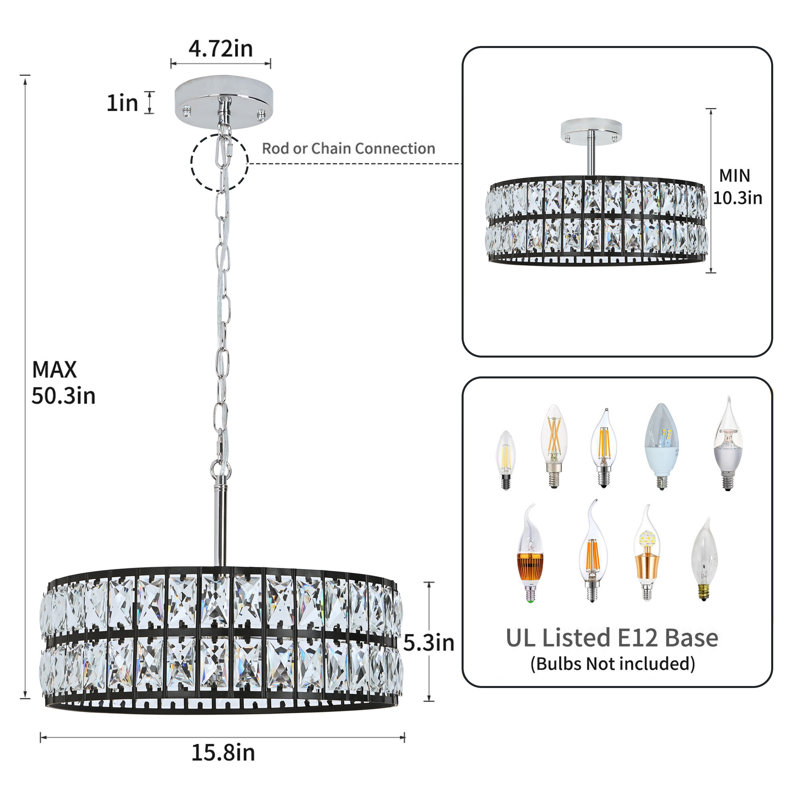 Lustre tambour en cristal 5 lumières Khyryn, Chromé / noir mat