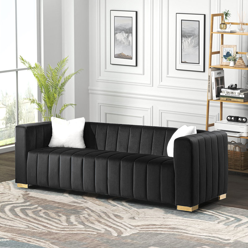 Canapé en velours de luxe 87 po avec 2 coussins Clifford, Doré, Noir