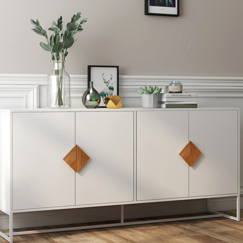 Buffet en bois massif à poignée carrée, 4 portes et double espace de rangement, buffet de salon, meuble télé, cadre en fer et E1, buffet peint et stable avec pieds - assure un soutien ferme