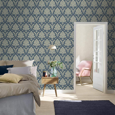Arhna Navy and gold Highgrove Damask wallpaper 10m x 53cm Metallic Finish Roll