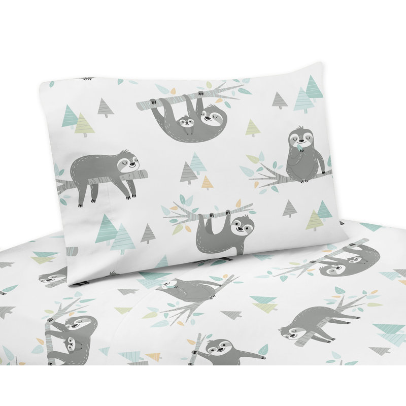 Gray and Aqua Sloth Print Twin Microfiber Sheet Set