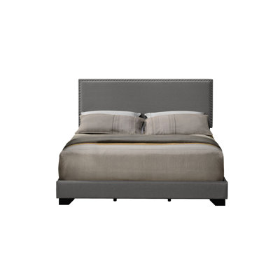 Gray Fabric Queen Bed With Nailhead Trim Accent, Fully Upholstered, Wood Leg, 4 Slats Box Spring Required, 660Lbs Weight Capacity, 6" Floor , 84.21 In Depth, 64.34 Width, 43.63 Height Upholstered