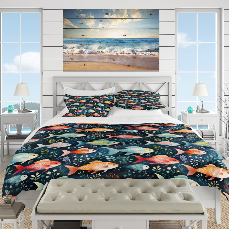 Ensemble de housse de couette aquarelle Nishikigoi, Housse de couette pour grand lit et 2 taies décor