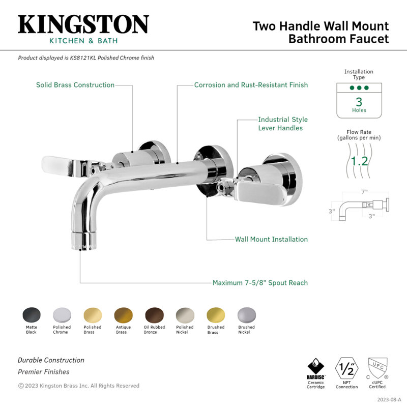 Kingston Brass Whitaker Two-Handle 3-Hole Wall Mount Bathroom Faucet, Oil Rubbed Bronze