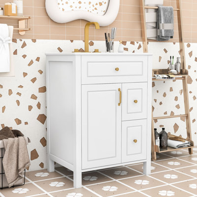 Meuble-lavabo contemporain en bois avec lavabo en céramique de qualité supérieure, porte à fermeture en douceur et grand espace de rangement