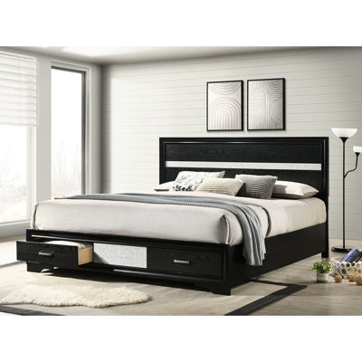 Lit à panneaux avec rangement très grand noir, tiroirs intégrés, plateforme à lattes, aucune base requise, lit à finition à pieds avec rangement, cadre biseauté, poignées en cristal, design contemporain