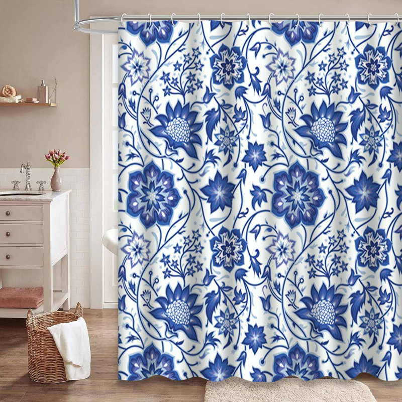 Rideau de douche sans couture à motif floral rétro avec 12 crochets, 72" L x 78" W