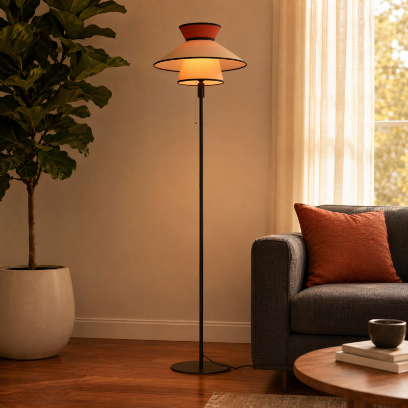 Lampe sur pied Mid-Century moderne avec double abat-jour en tissu, interrupteur à chaîne et base noire - Compatible avec ampoule E26
