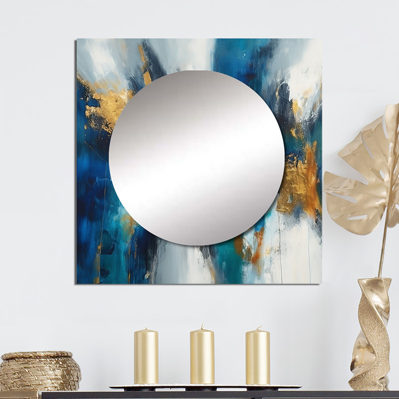 «Deep Knowing Abstract» en bleu royal et or IV - art mural abstrait miroir carré pour salle de bain, 29 po x 29 po
