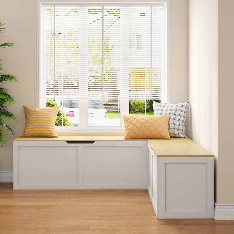 Banc de rangement à angle droit avec beaucoup de rangement, idéal pour les coins, la fonction de table à manger et à intégrer, système de support en métal bicolore blanc et bois, peut être ajusté à différentes occasions