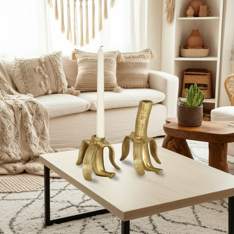 Gold Metal Banana Taper Candle Holders, Unique Aluminum and Suar Wood, Set of 2 - 6" x 5" x 7"