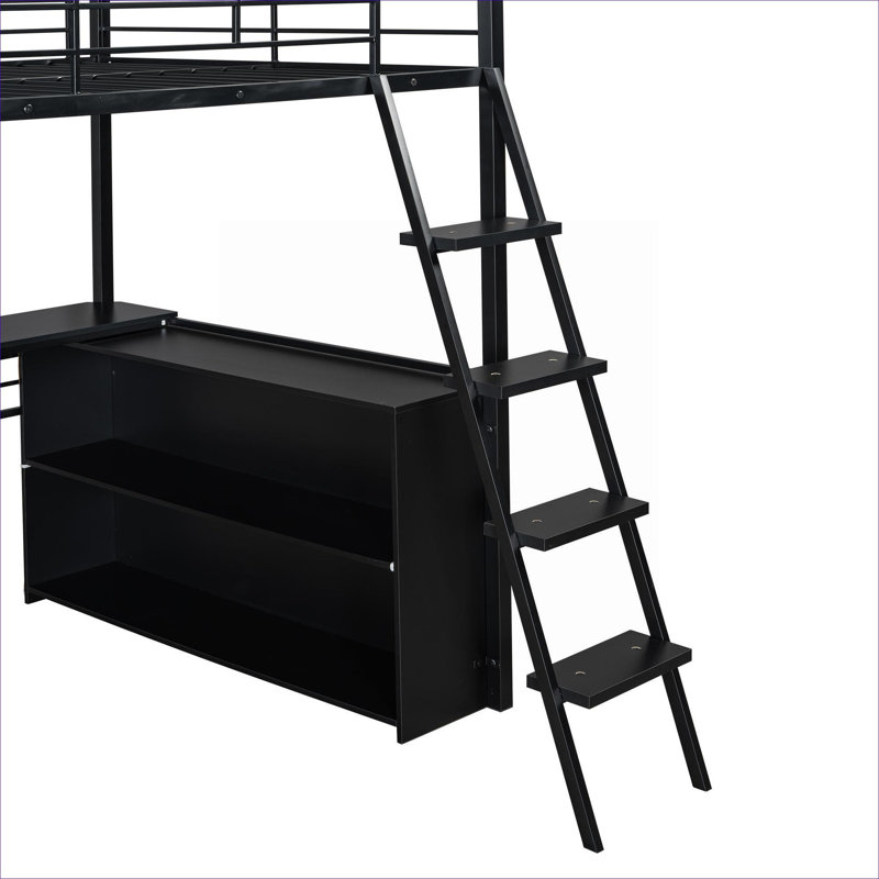 Structure de lit mezzanine pleine grandeur avec bureau de travail intégré, 4 tablettes de rangement et éclairage DEL, métal noir élégant et fabrication en panneau de fibres à densité moyenne