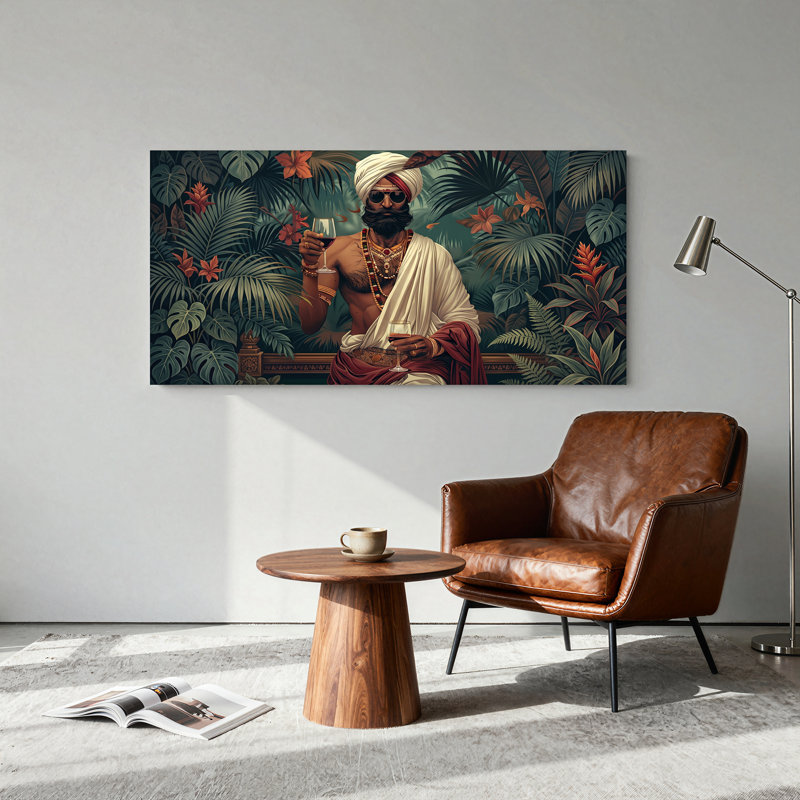 «Man in Turban and Sun Sunles with Wine in Tropical Jungle», art mural sur toile, 32“W x 16”H